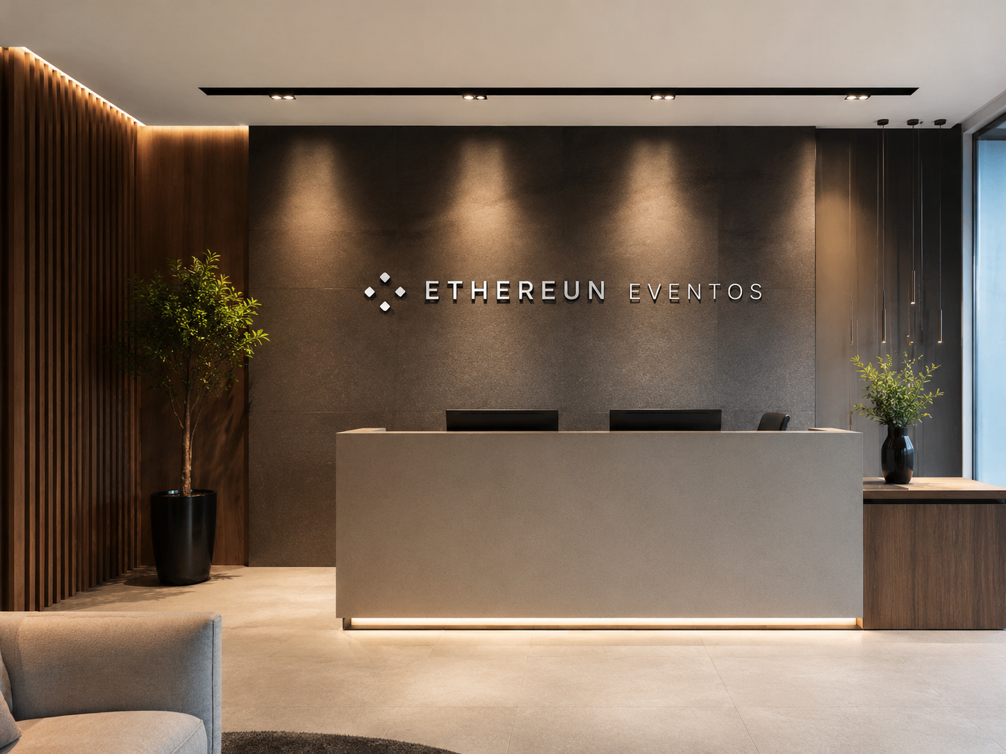 Recepção da Ethereun com logo iluminado